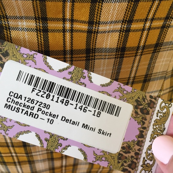 BOOHOO womens 10 checked mustard yellow twee plaid mini pockets retro vibe NEW - Picture 5 of 12